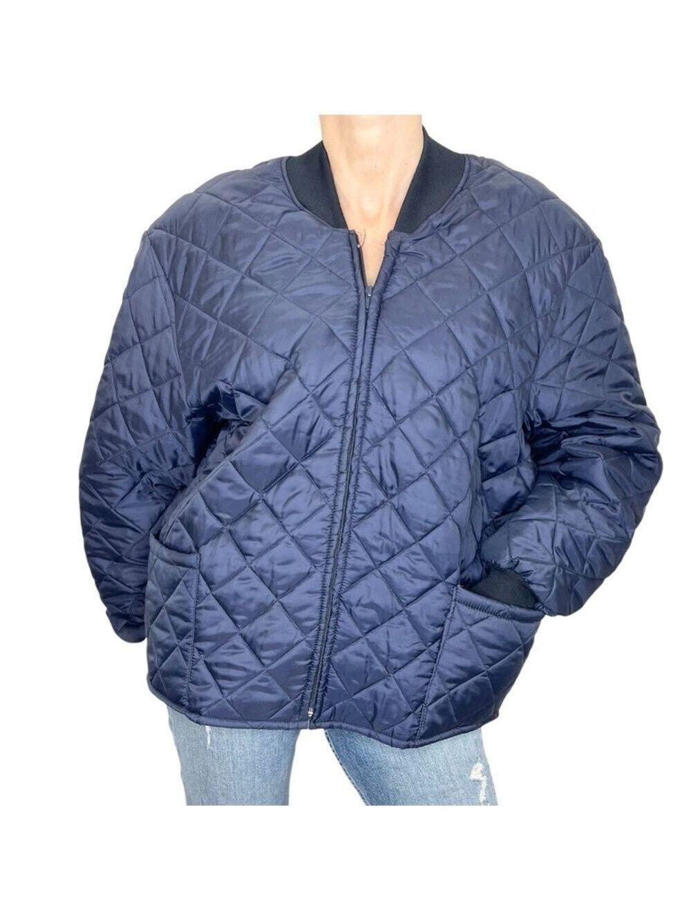 Minimalist dark blue quilted boxy oversized puffer jacket